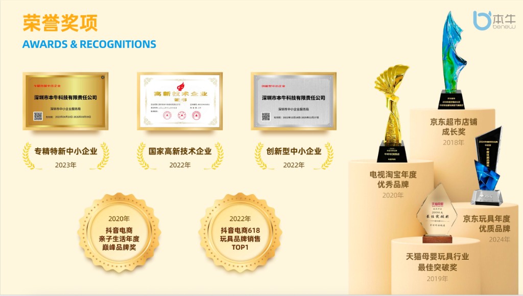 荣誉奖项：专精特新中小企业、国家高新技术企业、创新型中小企业、抖音电商亲子生活年度巅峰品牌奖、抖音电商618玩具品牌销售TOP1、京东超市店铺成长奖、电视淘宝年度优秀品牌、京东玩具年度优质品牌、天猫母婴玩具行业最佳突破奖